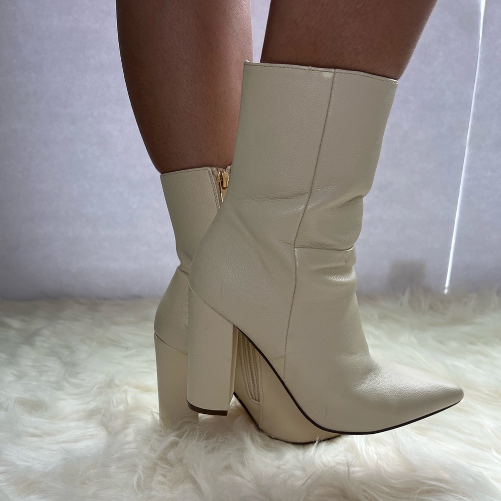 Lulu's Cream Block Heel Pointed Toe Ankle Boots